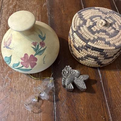 Basket and Knickknacks - Ceramic Vase, Native American Lidded Basket, Hummingbird Trinket Box, Bell