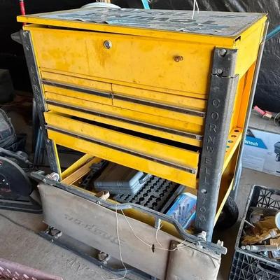 Cornwell Tools Yellow Tall Rolling Tool Box With Rolling Padded Creeper - Full of Tools