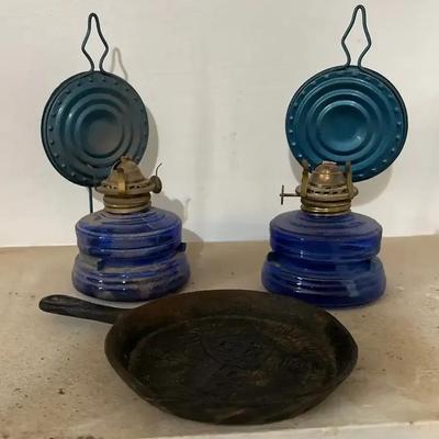 2 Vintage Blue Glass Miniature Oil Lamps + Mini Cast Iron Pan w/ Cabin Scene