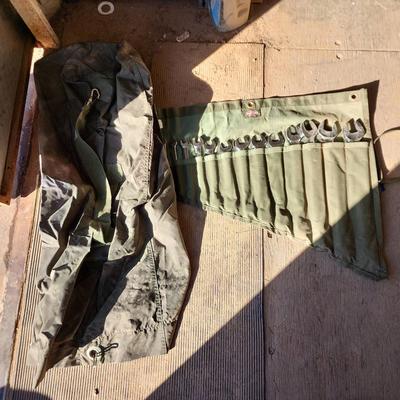 Vintage Wrench Set - Original Bucket Bass Green Canvas Holder Organizer & Army Twill Camping Bag
