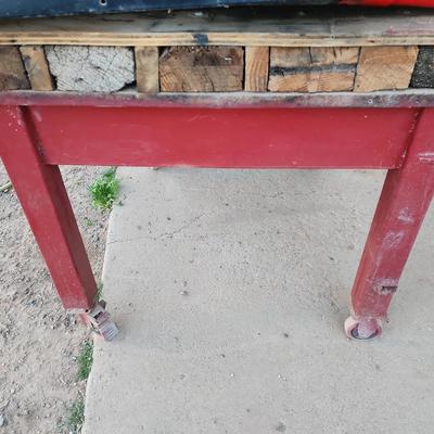 Moveable Table - Red Metal Frame With Wood Top, 3ft X 43" X 34" Tall