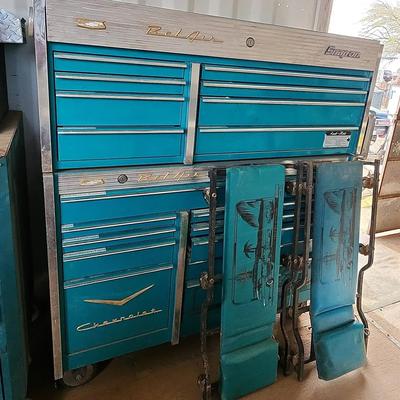 Snap-On Chevrolet 1957 Belair Edition Sapphire Blue Tool Boxes, Stacked, 2 Creepers RESERVE $3K