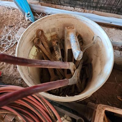 Antique Bucket Of Tools - Socket Wrenches, Clamps, Pliers, Small Cowboy Action Rifle Toy