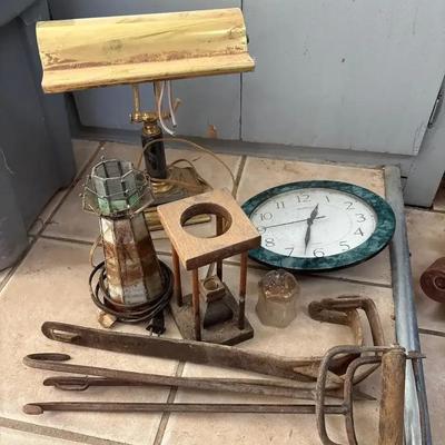 Collectibles - Bankers Lamp, Hay Bailers, Stained Glass, Lighthouse, Clock