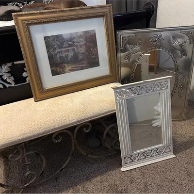 Bench + Wall Art - Metal Scroll W/ Upholstered Seat, Silver Venetian + White Wooden Mirrors + Print