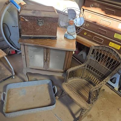 Vintage Decor - Child's Wicker Rocking Chair, Side Table with Glass Doors, Aqua Zero Desktop Fan