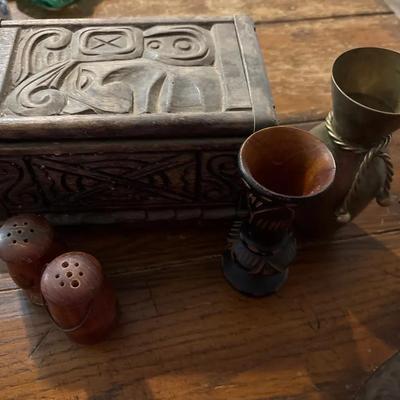 Collectibles - Wooden Keepsake Box, Carved Bud Vase, Brass Vase, Wooden Salt & Pepper Shakers