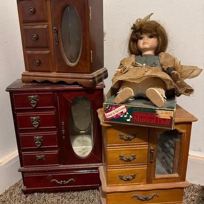 Wooden Jewelry Boxes (3) + Fine Bisque Porcelain Wind-Up Musical Doll - Send In The Clowns