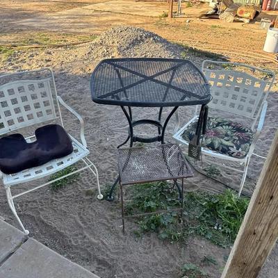 Patio Furniture- Metal Square Tall Table And Small Rectangle Table. 2 White Metal Chairs