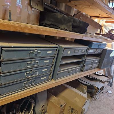 4 Long Vintage Gray Metal Storage Cabinets - Marked with Tool Components 