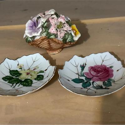 Collectibles - Vintage Nasco Gold Trimmed Floral Trinket Plates (2) & Floral Basket