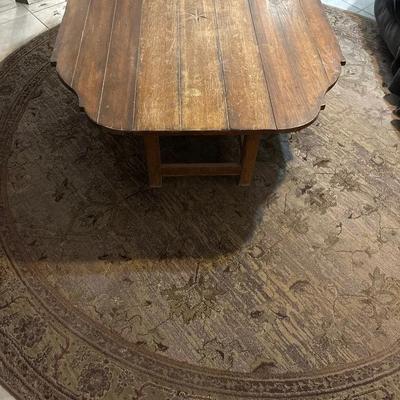Rustic Wooden Coffee Table With Inlay Star Design + 10’ Round Area Rug, Beige Floral