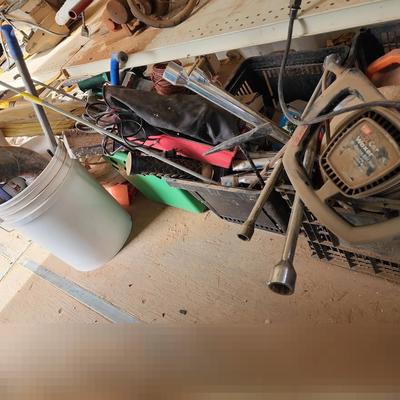 Mystery Tool & Garage Items, Car Waxer, WD40, Bulbs, Fast Orange, Tire Irons