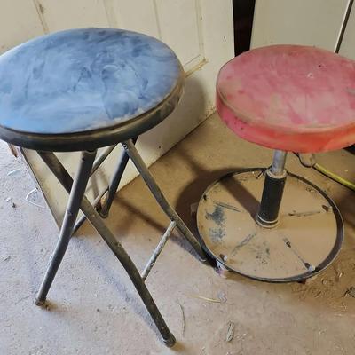 2 Garage Mechanic Stools - Red Rolling Height Adjustable Stool, Black Folding Stool