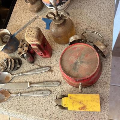 Collectibles - Coca Cola Die Cast, Alarm Clock, Salt Shaker / John Deere Utensils 