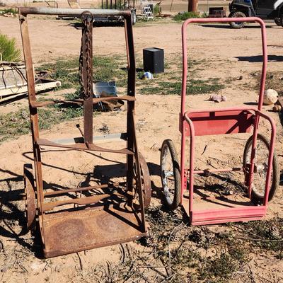 2 Hand Trucks / Dolly's - Metal, One Rust Color, One Red, Possible Plant Stands / Yard Art