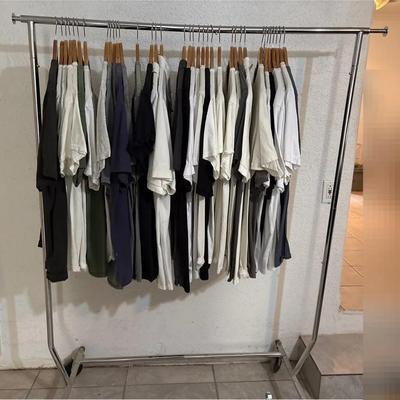 Men’s Shirts + Rolling Clothing Rack - Carhartt Tee, Under Armour Polo, L-2XL, Hangers Not Included
