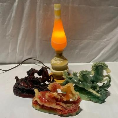 Onyx Lamp and Horse Figures