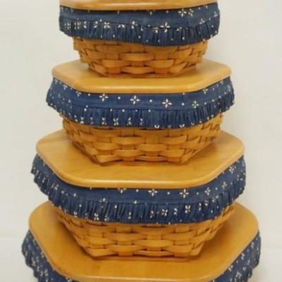 Sale Photo Thumbnail #91: 1091	ASSORTED LONGABERGER BASKETS INCLUDING 6 NEST BASKET SET WITH LINERS, PROTECTORS AND LIDS, LARGEST APPROXIMATELY 13 IN X 14 IN X 5 1/2 IN 
