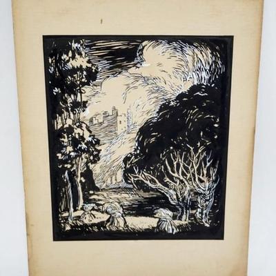 Sale Photo Thumbnail #55: 1055	BLACK AND WHITE WOOD CUT PRINT, APPROXIMATELY 11 IN X 15 IN OVERALL
