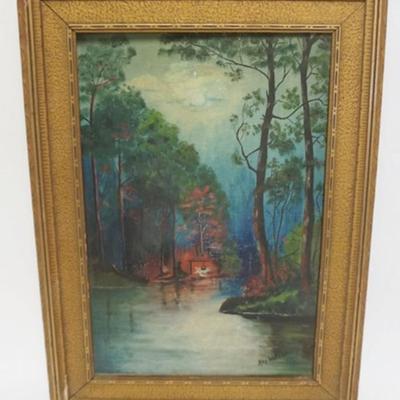 Sale Photo Thumbnail #44: 1044	AMY WATSON OIL PAINTING ON CANVAS, MAN WITH CANOE CAMPING WITH FIRE ALONG STREAM, APPROXIMATELY 15 IN X 23 IN OVERALL
