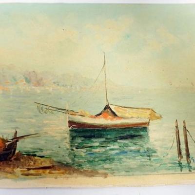 Sale Photo Thumbnail #50: 1050	OIL PAINTING ON CANVAS, SHORE SCENE, ARTIST SIGNED LOWER RIGHT, APPROXIMATELY 13 IN X 6 IN 

