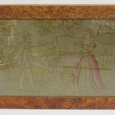 Sale Photo Thumbnail #36: 1036	FRAMED TAPESTRY, IMAGE OF COURTING SCENE IN BIRDSEYE FRAME, APPROXIMATELY 15 IN X 26 IN OVERALL

