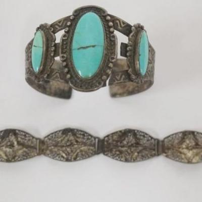 Sale Photo Thumbnail #107: 1107	STERLING SILVER TURQUOISE CUFF BRACELET AS FOUND, STONES HAVE CRACKS AND CUFF NEEDS REPAIR AND LACE WOVEN BRACELET, CUFF 1.38 OZT WITH STONES
