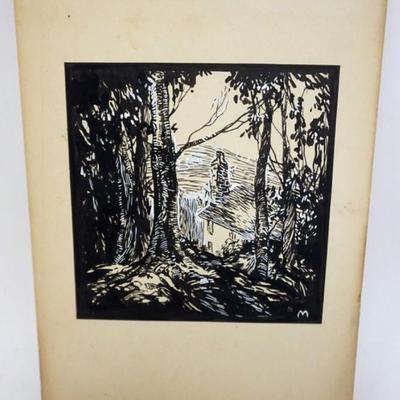 Sale Photo Thumbnail #52: 1052	BLACK AND WHITE WOOD CUT PRINT, APPROXIMATELY 11 IN X 15 IN OVERALL

