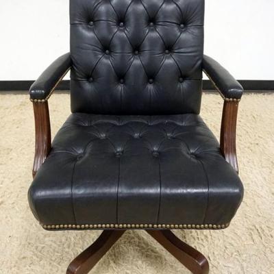 Sale Photo Thumbnail #220: 1220	ETHAN ALLEN LEATHER TUFTED BACK OFFICE CHAIR WITH BRASS TACK ACCENTS, APPROXIMATELY 24 IN X 25 IN X 38 IN H
