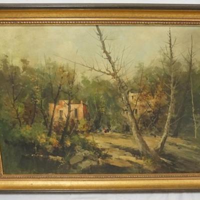 Sale Photo Thumbnail #47: 1047	OIL PAINTING ON CANVAS, WOODED SCENE WITH PEOPLE NEAR BUILDINGS, APPROXIMATELY 24 IN X 32 IN OVERALL
