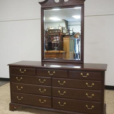Sale Photo Thumbnail #212: 1212	ETHAN ALLEN CHERRY 7 DRAWER LOW CHEST WITH BEVELED EDGE MIRROR, REEDED COLUMN SIDES AND BRACKET FEET, APPROXIMATELY 64 IN X 19 IN X 83 IN H OVERALL
