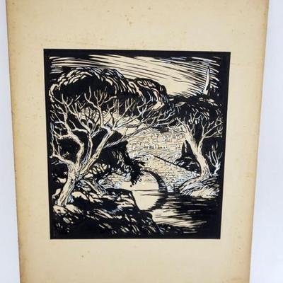 Sale Photo Thumbnail #53: 1053	BLACK AND WHITE WOOD CUT PRINT, APPROXIMATELY 11 IN X 15 IN OVERALL
