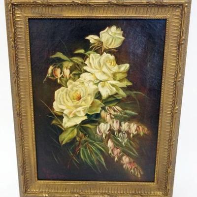 Sale Photo Thumbnail #46: 1046	OIL PAINTING ON CANVAS, FLORAL STILL LIFE, ARTIST SIGNED LOWER LEFT, APPROXIMATELY 15 IN X 19 IN OVERALL
