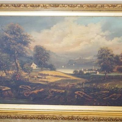 Sale Photo Thumbnail #48: 1048	OIL PAINTING ON CANVAS, COUNTRYSIDE FARM ALONG WATERWAY, APPROXIMATELY 32 1/4 IN X 46 IN OVERALL
