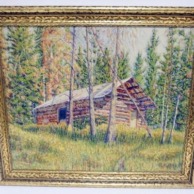 Sale Photo Thumbnail #45: 1045	OIL PAINTING ON CANVAS OF CABIN IN WOODS, ARTIST 1930'S EXHIBITION TAG ON REVERSE, APPROXIMATELY 22 IN X 26 IN OVERALL
