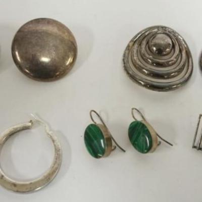 Sale Photo Thumbnail #111: 1111	4 PAIRS OF STERLING SILVER EARRINGS AND PR OF UNMARKED LARGE BUTTON EARRINGS (NOT INCLUDED IN WEIGHT), 1.76 OZT INCLUDING STONES
