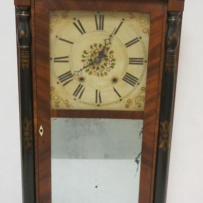 Sale Photo Thumbnail #178: 1178	ANTIQUE GEORGE MITCHEL SHELF CLOCK W/HITCHCOCK STYLE PAINT DECORATED COLUMNS & CREST, APPROXIMATELY 17 1/2 IN X 5 IN X 34 IN HIGH
