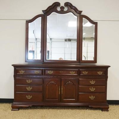 Sale Photo Thumbnail #208: 1208	STANLEY *THE AMERICAN HERITAGE* LOW CHEST W/TRIPLE BEVELED MIRROR, APPROXIMATELY 72 IN X 18 IN X 84 IN HIGH
