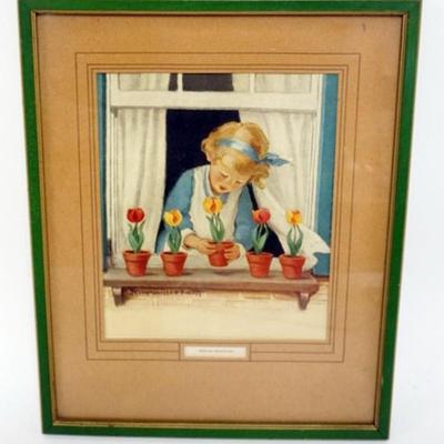 Sale Photo Thumbnail #42: 1042	JESSIE WILLCOX SMITH FRAMED AND MATTED PRINT OF YOUNG GIRL AT WINDOW SILL WITH POTTED PLANTS *SPRING BEAUTIES*, APPROXIMATELY 12 IN X 15 IN OVERALL
