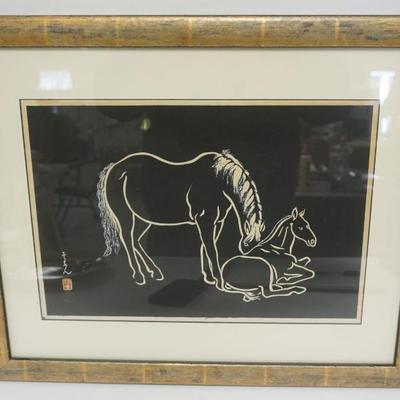 Sale Photo Thumbnail #37: 1037	MOTHER AND FOAL WOODBLOCK PRINT, CHARACTER MARKS TO LEFT, APPROXIMATELY 18 IN X 22 IN OVERALL
