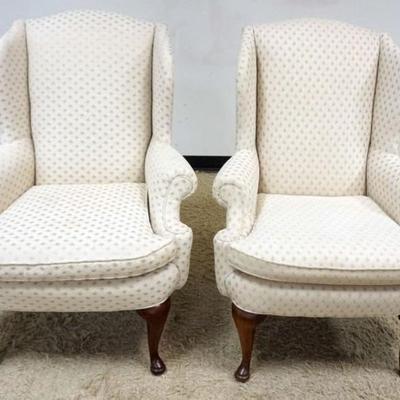 Sale Photo Thumbnail #221: 1221	PAIR OF HIGHLAND HOUSE UPHOLSTERED WING BACK CHAIRS, SOME STAINING, EACH APPROXIMATELY 32 IN X 29 IN X 45 IN H
