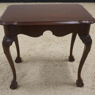 Sale Photo Thumbnail #214: 1214	ETHAN ALLEN GEORGIAN COURT CHERRY BALL AND CLAW FOOT, SHELL CARVED CABRIOLE LEGS OCCASIONAL TABLE WITH PULL OUT SIDES, APPROXIMATELY 19 IN X 28 IN X 27 IN H
