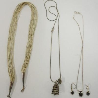 Sale Photo Thumbnail #113: 1113	3 STERLING SILVER NECKLACES, 1 WITH MATCHING ONYX EARRINGS, 1 BELL AND 1 ROPE STYLE, 1.60 OZT INCLUDING STONES
