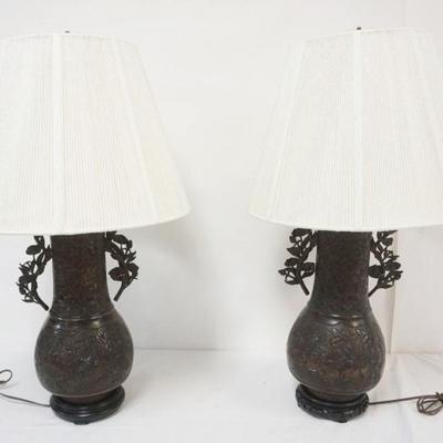 Sale Photo Thumbnail #205: 1205	PAIR OF METAL BRONZED FINISHED ASIAN STYLE TABLE LAMPS W/ADJUSTABLE SHADE HEIGHTS, EACH APPROXIMATELY 30 IN HIGH
