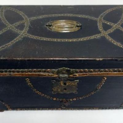 Sale Photo Thumbnail #11: 1011	ANTIQUE FEDERAL WOOD & LEATHER DOCUMENT BOX WITH BRASS TACK DECORATIONS AND INTERIOR 1841 NEWSPAPER LINED, APPROXIMATELY 15 IN X 9 IN X 7 IN
