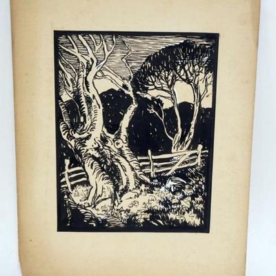 Sale Photo Thumbnail #56: 1056	BLACK AND WHITE WOOD CUT PRINT, APPROXIMATELY 11 IN X 15 IN OVERALL
