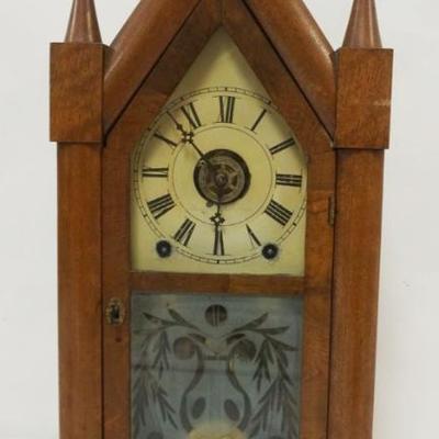 Sale Photo Thumbnail #176: 1176	ANTIQUE STEEPLE CLOCK W/ETCHED GLASS DOOR, APPROXIMATELY 10 IN X 5 IN X 19 IN HIGH
