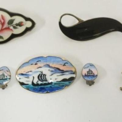 Sale Photo Thumbnail #117: 1117	STERLING SILVER PINS INCLUDING ERIK MAGNUSSEN GEESE IN FLIGHT DENMARK, SHIP EARRINGS AND PIN MARKED NORWAY, 1.62 OZT
