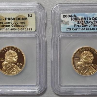 Sale Photo Thumbnail #147: 1147	2 SACAGAWEA DOLLAR COINS S MINT 2004, 1 IS FIRST DAY OF ISSUE AND OTHER IS WESTWARD JOURNEY PIONEER COLLECTION
